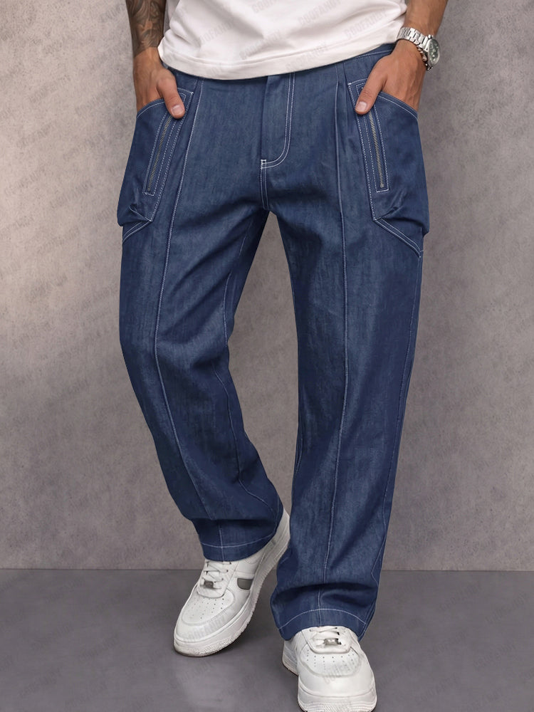 Casual Street Style Faux Denim Cargo Pants - Blue