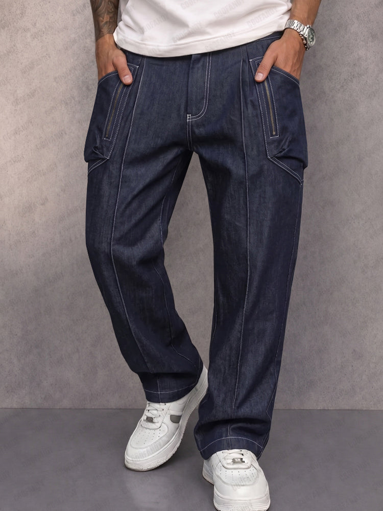 Casual Street Style Faux Denim Cargo Pants - Dark Blue