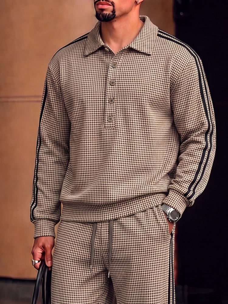 Urban Casual Plaid Printed Polo Shirt Set - Khaki