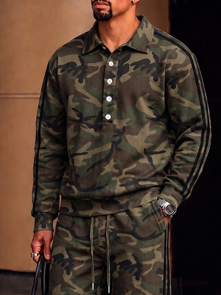 Urban Casual Camo Print Polo Shirt Set - Army Green