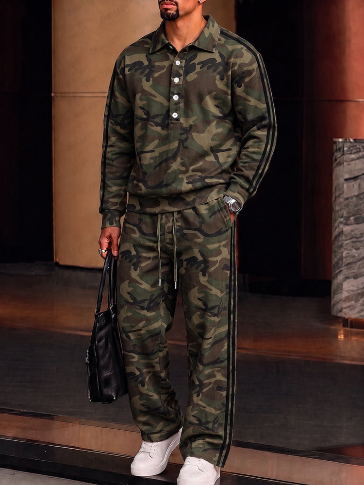 Urban Casual Camo Print Polo Shirt Set - Army Green