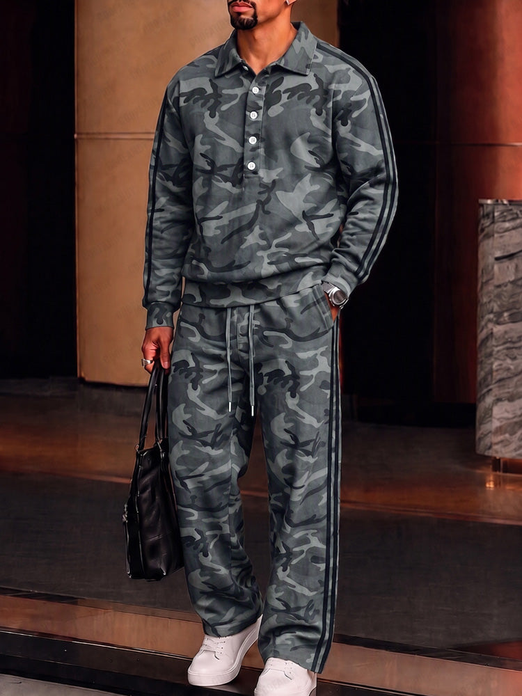 Urban Casual Camo Print Polo Shirt Set - Dark Gray