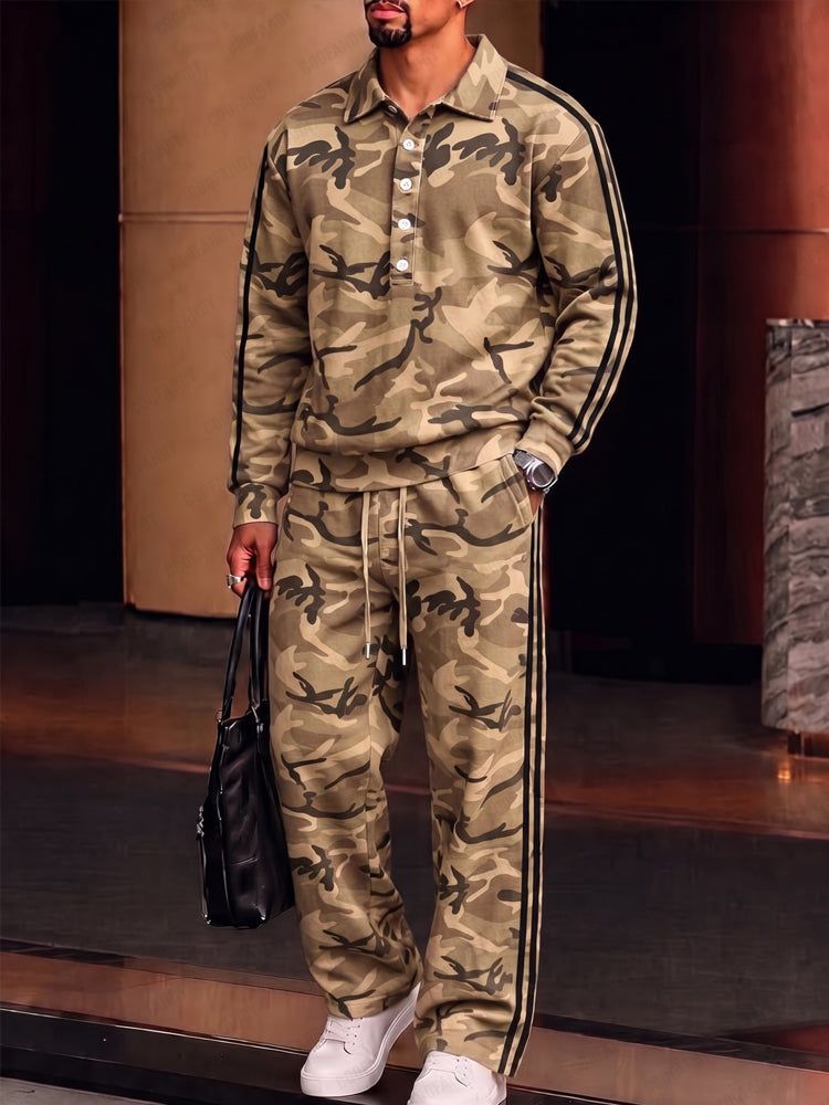 Urban Casual Camo Print Polo Shirt Set - Khaki
