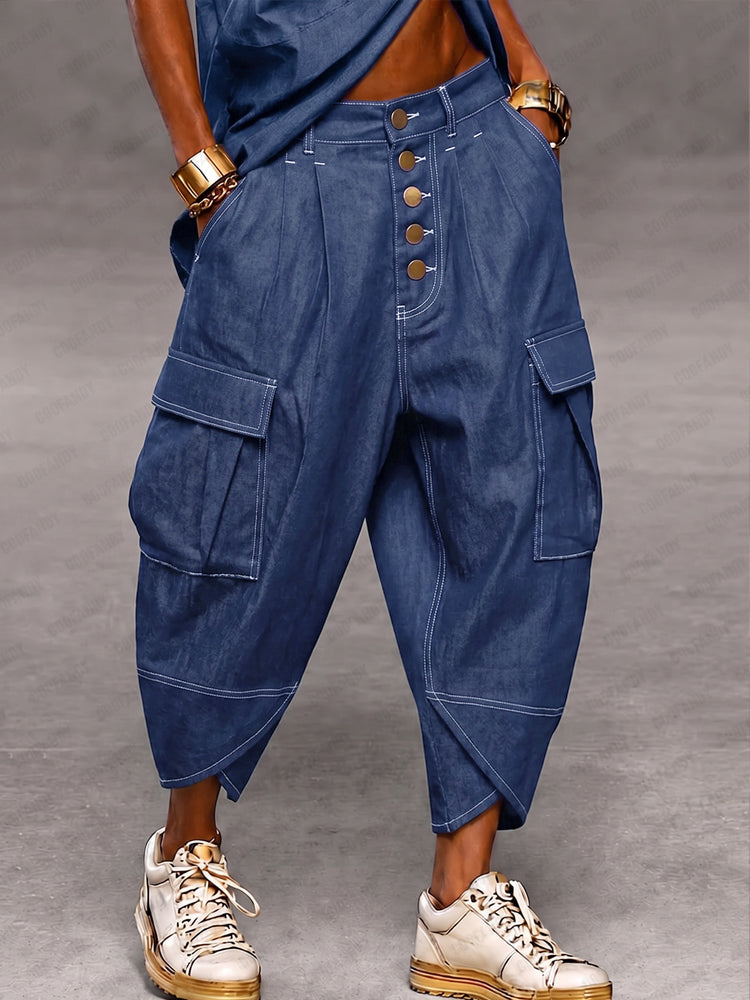 Casual Faux Denim Cargo Harem Pants - Blue