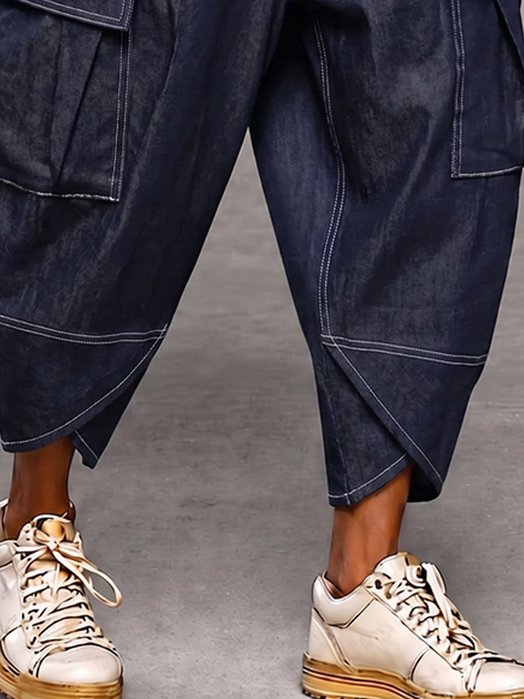 Casual Faux Denim Cargo Harem Pants - Dark Blue