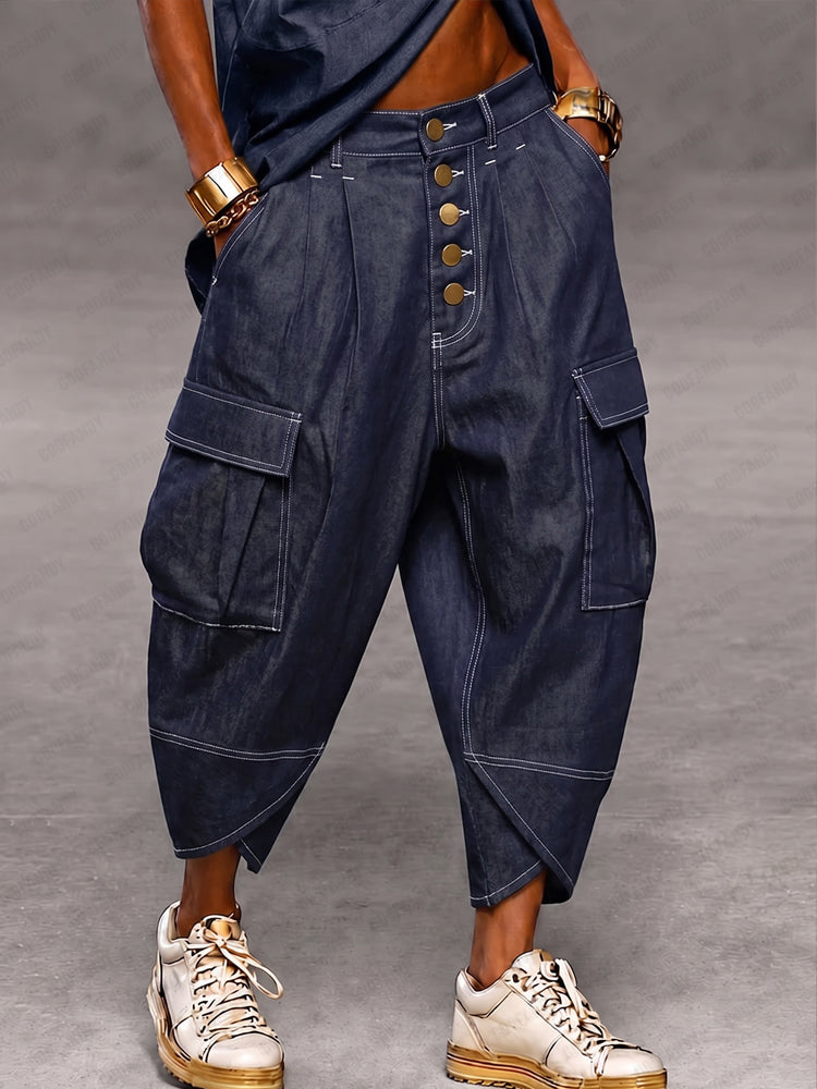 Casual Faux Denim Cargo Harem Pants - Dark Blue