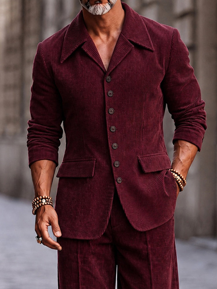 Smart Casual Retro Corduroy Matching Set - Wine Red
