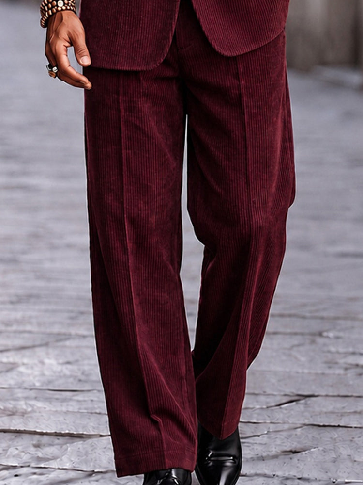 Smart Casual Retro Corduroy Matching Set - Wine Red