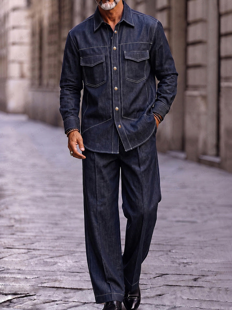 Utility Casual Contrast Stitching Two Piece Set - Navy Blue