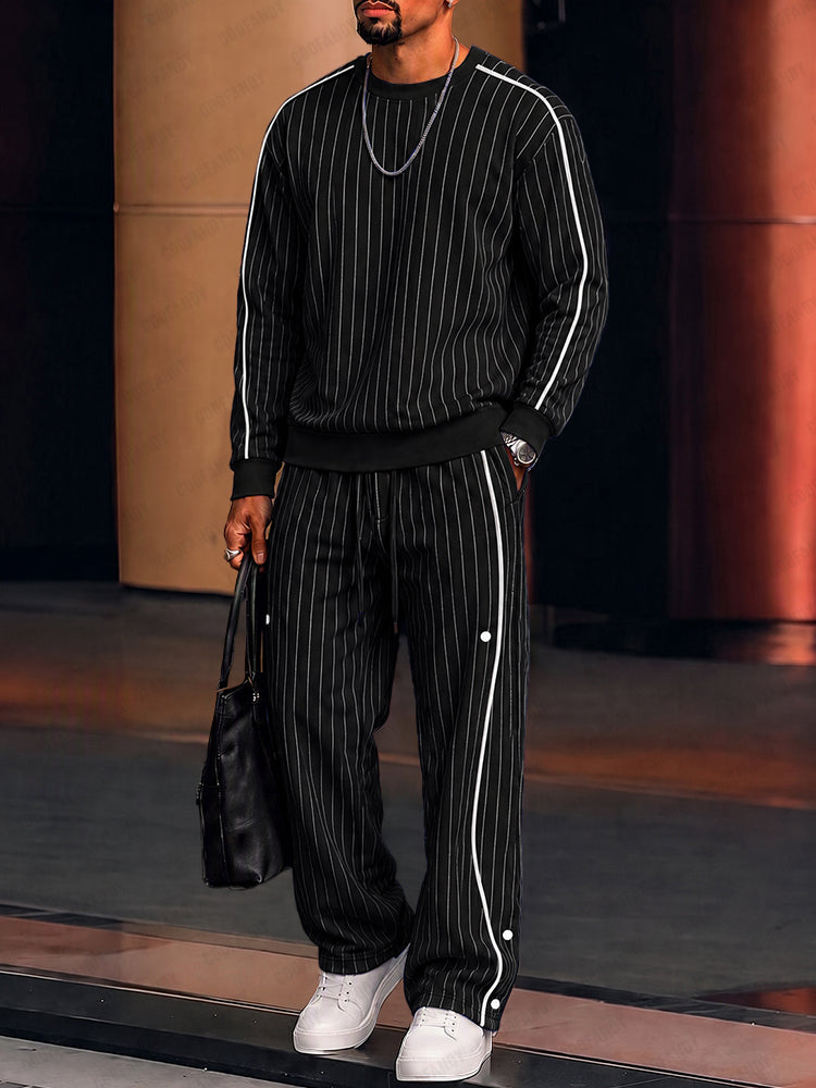 Casual Contrast Piping Pinstripe Matching Set - Black