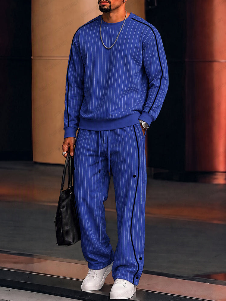 Casual Contrast Piping Pinstripe Matching Set - Blue