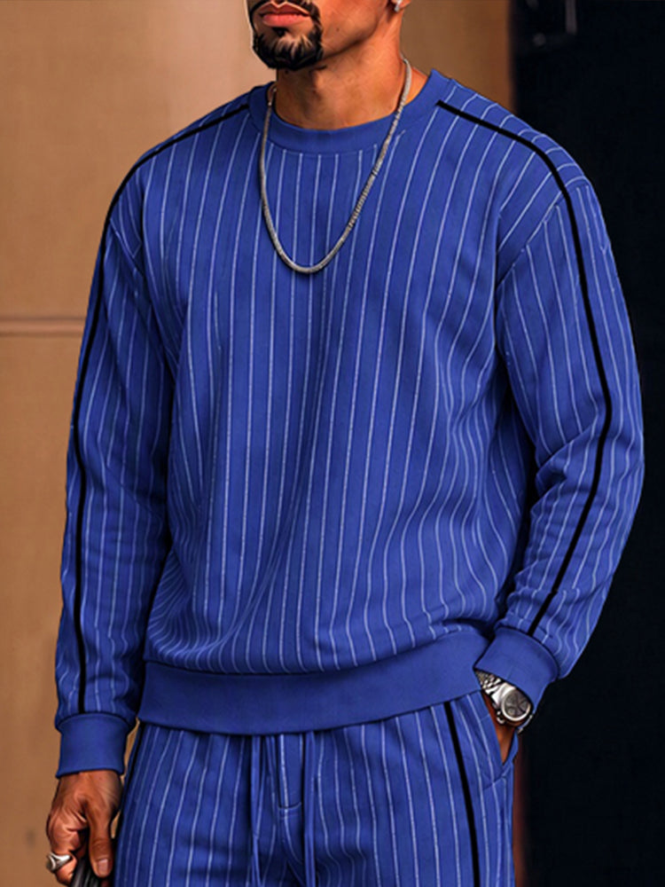 Casual Contrast Piping Pinstripe Matching Set - Blue