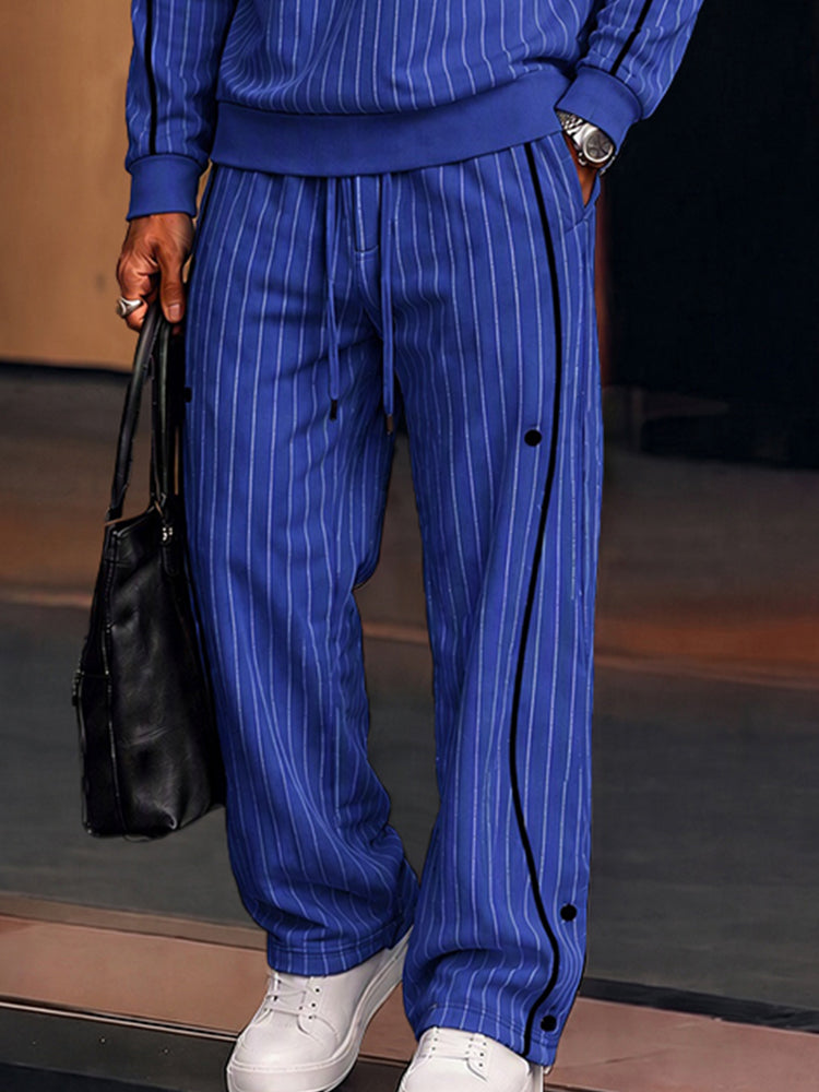 Casual Contrast Piping Pinstripe Matching Set - Blue