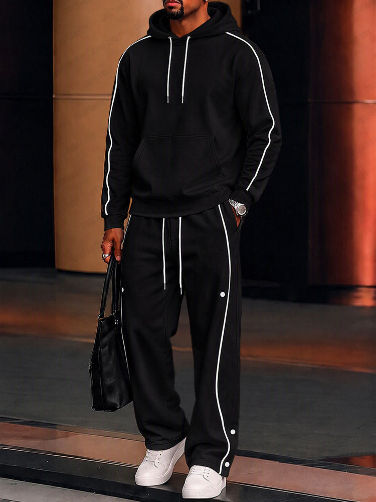 Casual Loose Contrast Piping Hoodie Set - Black