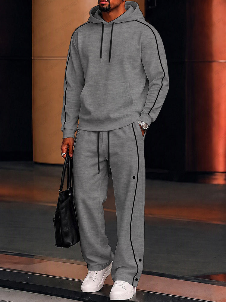 Casual Loose Contrast Piping Hoodie Set - Gray