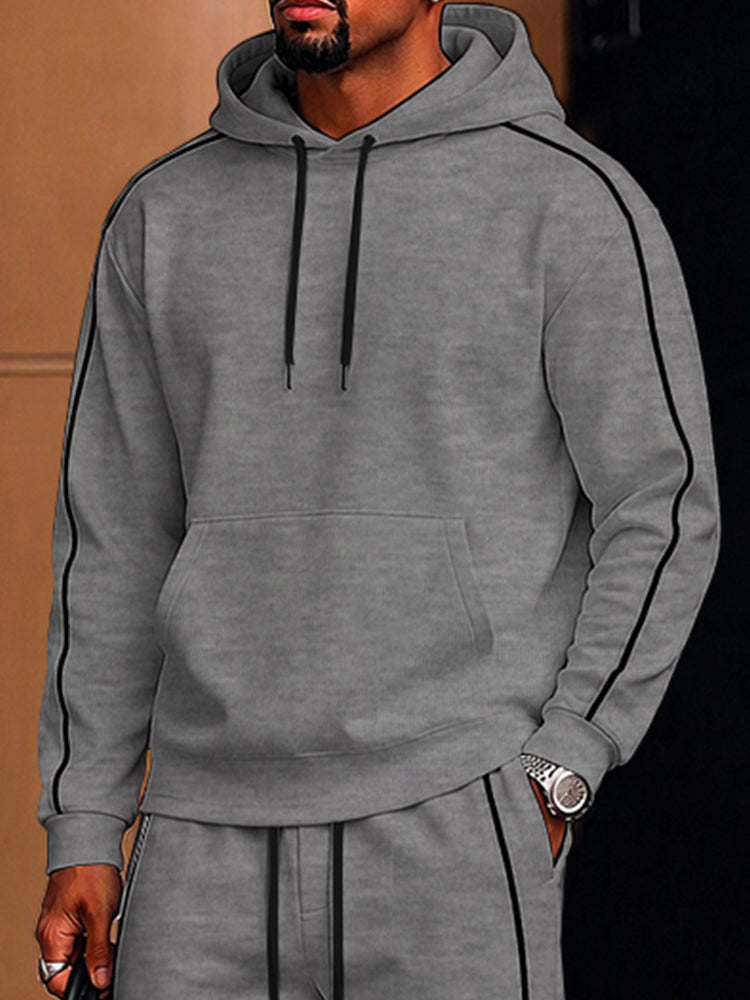 Casual Loose Contrast Piping Hoodie Set - Gray