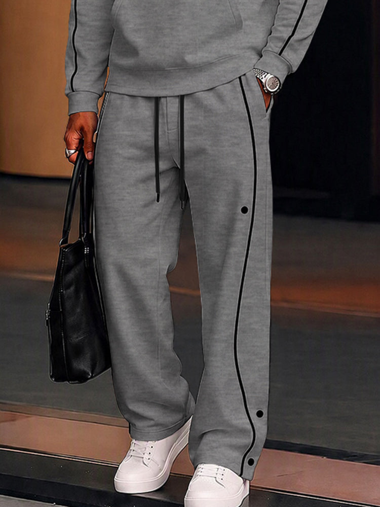 Casual Loose Contrast Piping Hoodie Set - Gray