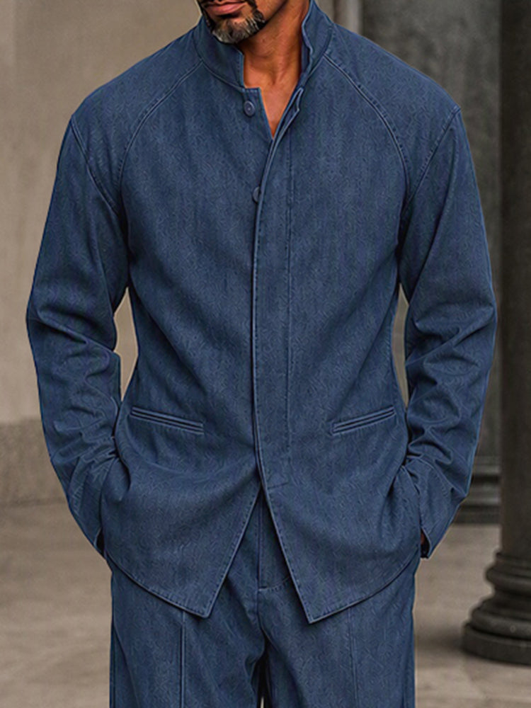 Stylish Faux Denim Hidden Placket Jacket Set - Dark Blue
