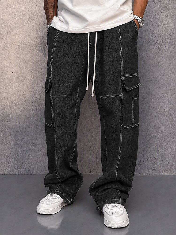 Casual Contrast Stitching Drawstring Cargo Pants - Black
