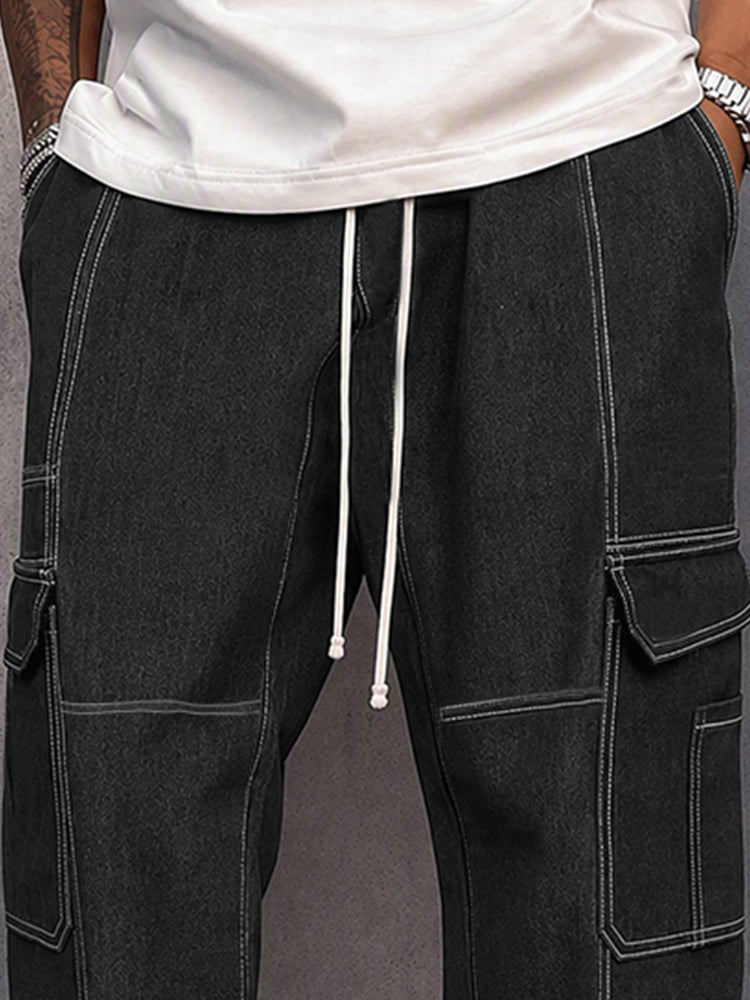 Casual Contrast Stitching Drawstring Cargo Pants - Black