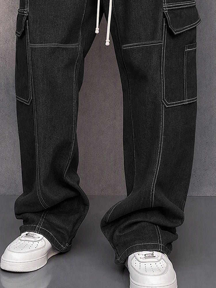 Casual Contrast Stitching Drawstring Cargo Pants - Black