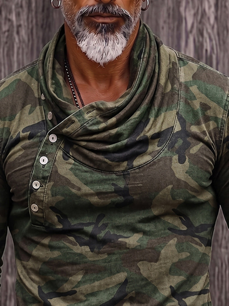Stylish Camouflage Print Cowl Neck Pullover Top - PAT1