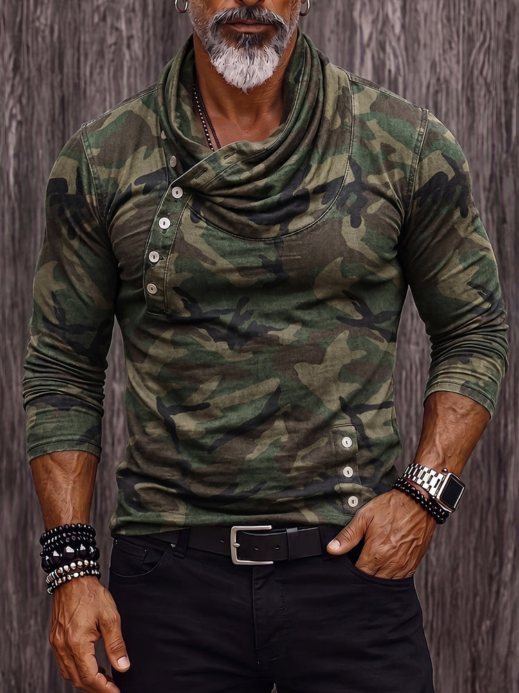 Stylish Camouflage Print Cowl Neck Pullover Top - PAT1