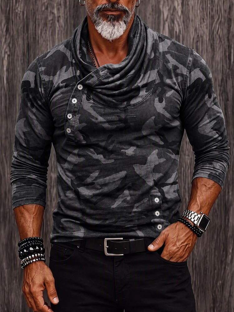 Stylish Camouflage Print Cowl Neck Pullover Top - PAT3