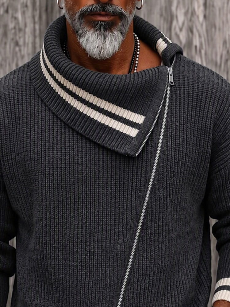 Casual Diagonal Zipper Placket Colorblock Sweater - Dark Gray
