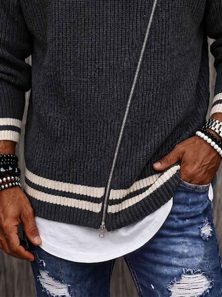 Casual Diagonal Zipper Placket Colorblock Sweater - Dark Gray