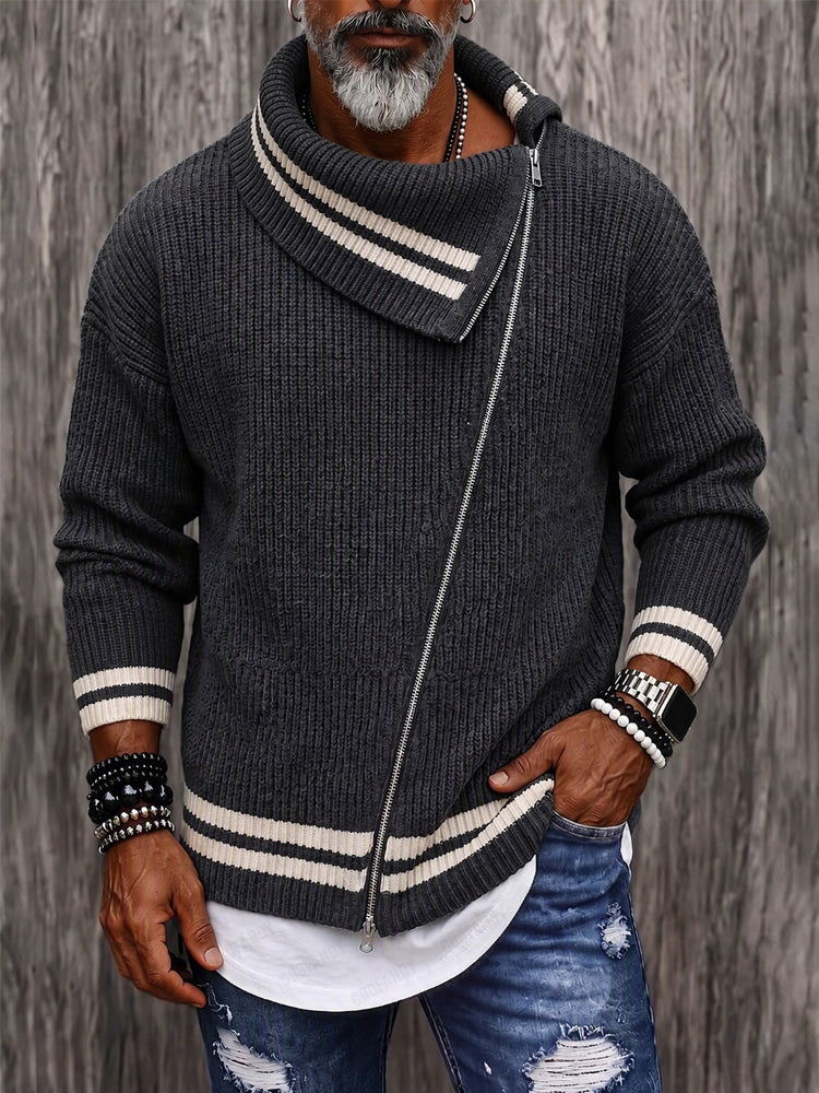 Casual Diagonal Zipper Placket Colorblock Sweater - Dark Gray
