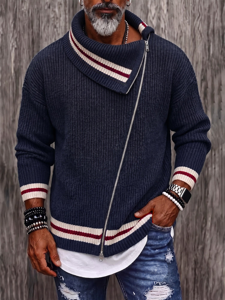 Casual Diagonal Zipper Placket Colorblock Sweater - Navy Blue
