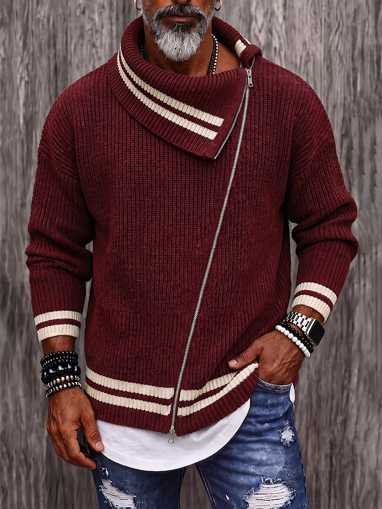 Casual Diagonal Zipper Placket Colorblock Sweater - Wine Red