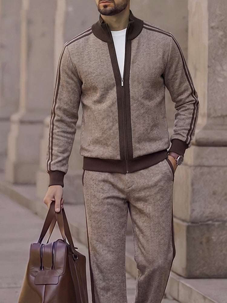 Urban Colorblock Herringbone Jacket Pants Set - Brown