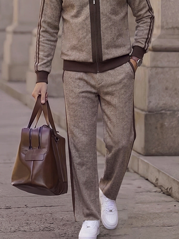 Urban Colorblock Herringbone Jacket Pants Set - Brown