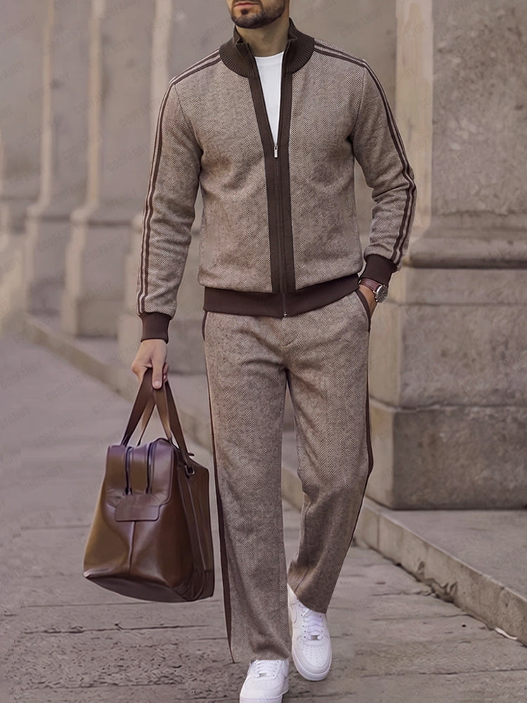 Urban Colorblock Herringbone Jacket Pants Set - Brown