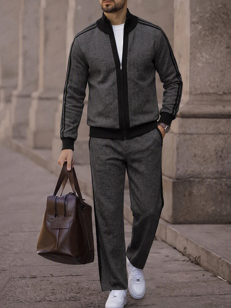 Urban Colorblock Herringbone Jacket Pants Set - Dark Gray