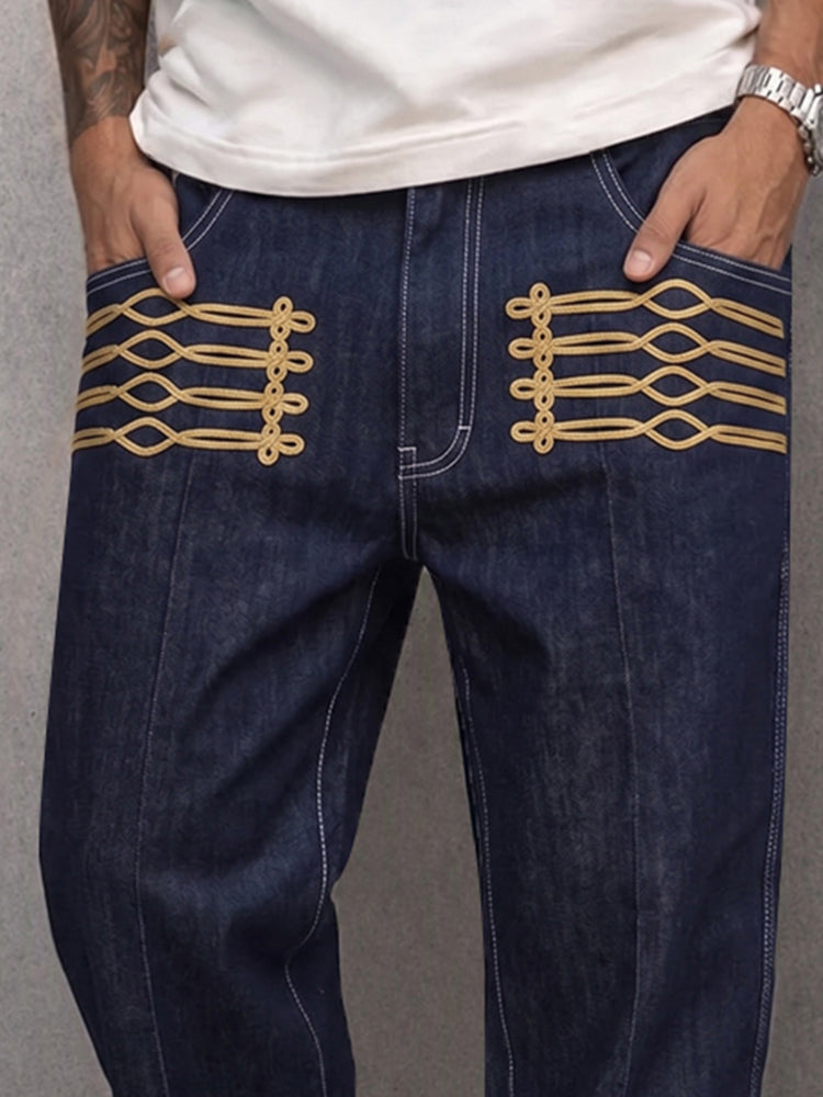 Casual Gold Frogged Detail Faux Denim Pants - Navy Blue