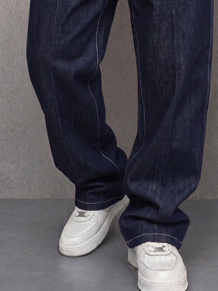 Casual Gold Frogged Detail Faux Denim Pants - Navy Blue