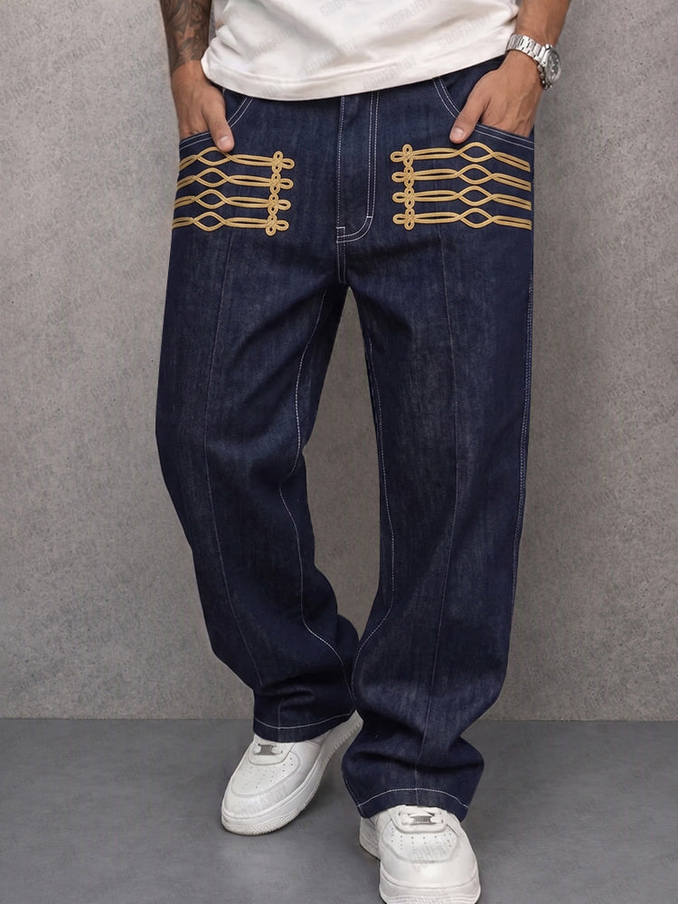 Casual Gold Frogged Detail Faux Denim Pants - Navy Blue