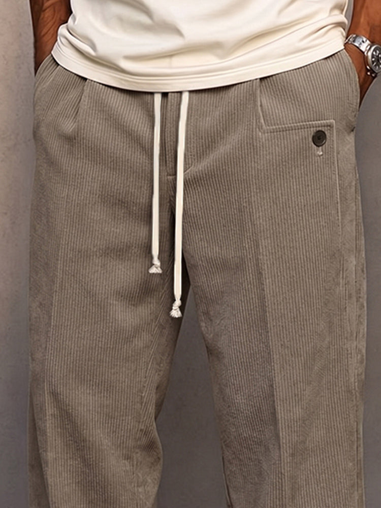 Casual Straight Cut Drawstring Corduroy Pants - Khaki