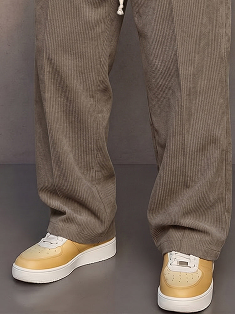 Casual Straight Cut Drawstring Corduroy Pants - Khaki