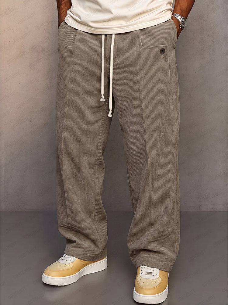 Casual Straight Cut Drawstring Corduroy Pants - Khaki