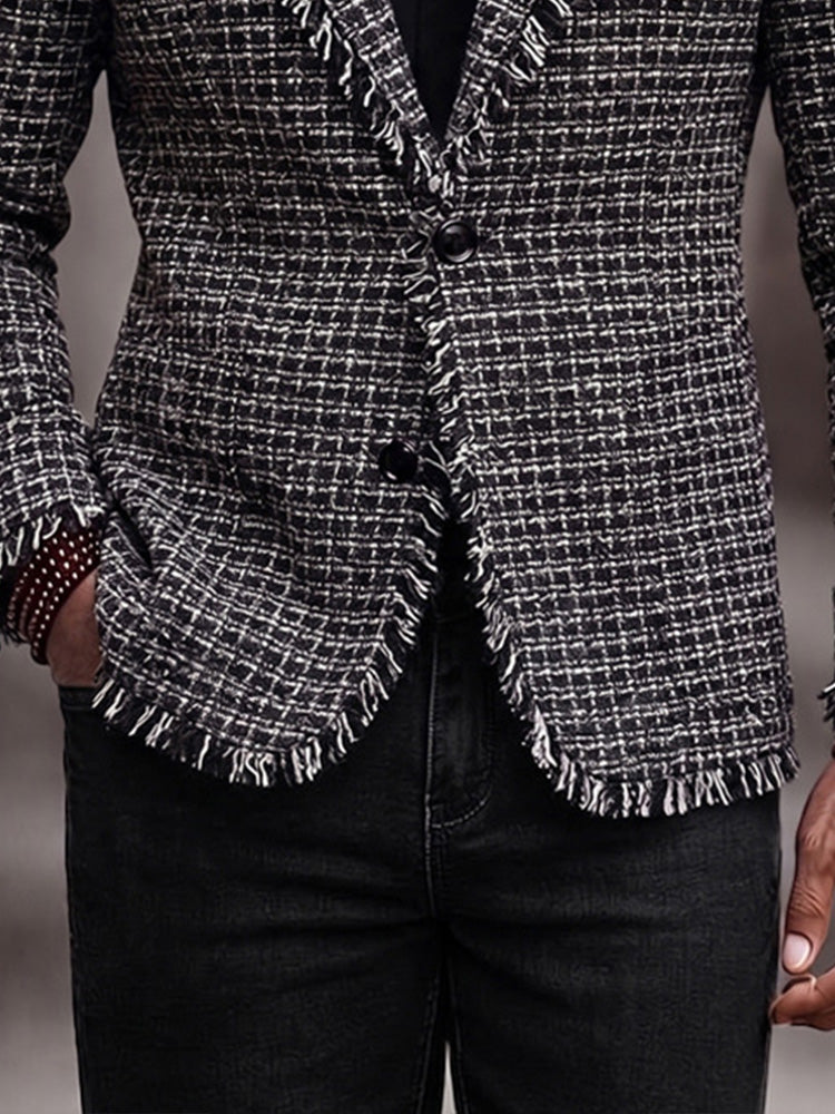 Modern Frayed Detail Plaid Tweed Blazer - Dark Gray