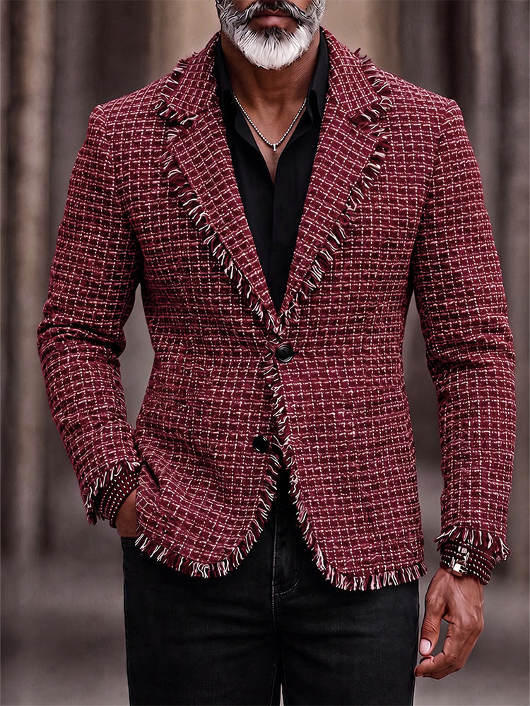 Modern Frayed Detail Plaid Tweed Blazer - Red