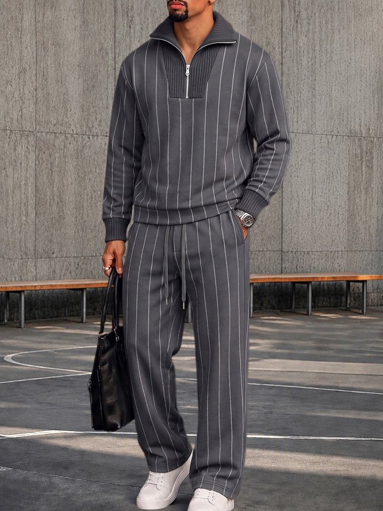 Urban Patchwork Ribbed Sweatshirt Set - Gray