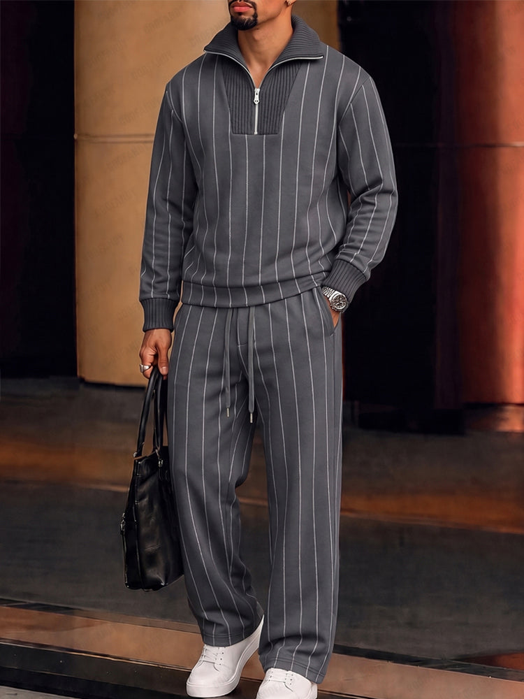 Urban Patchwork Ribbed Sweatshirt Set - Gray