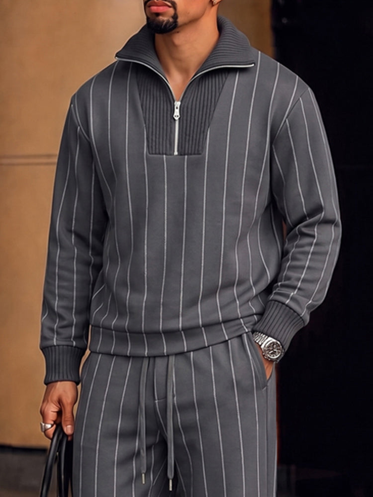 Urban Patchwork Ribbed Sweatshirt Set - Gray