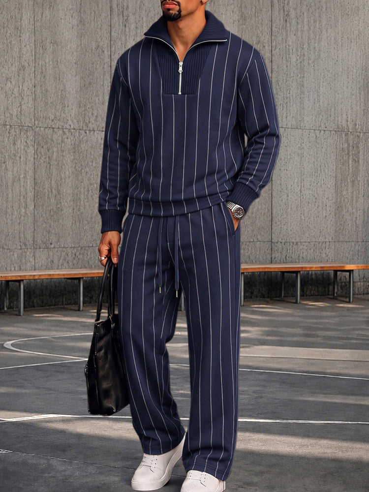 Urban Patchwork Ribbed Sweatshirt Set - Navy Blue