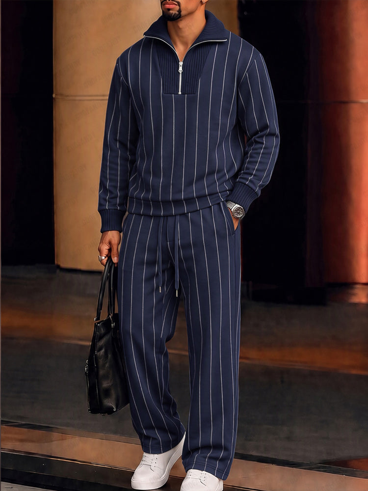 Urban Patchwork Ribbed Sweatshirt Set - Navy Blue